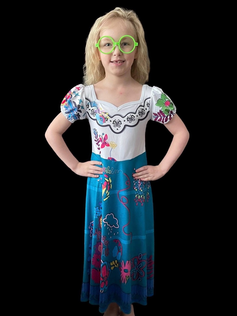 Girls Maribel costume from Disney movie Encanto with glasses